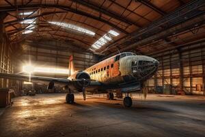 rostig och gammal flygplan i de hangar. flygplan återvinning. ai genererad foto