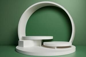 vit cirkel podium piedestal för produkt visa på grön bakgrund. ai generativ foto