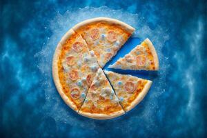 en gott pizza frös och täckt i is. generativ ai illustration. foto
