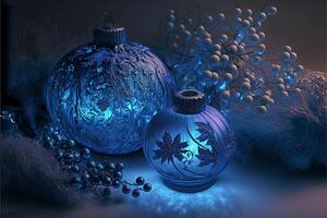 illustration av blå glas boll med vinter- ornament på mörk bakgrund. generativ ai illustration. foto