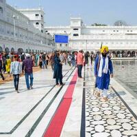 amritsar, Indien - februari 26 2023 - oidentifierad anhängare från olika delar på gyllene tempel - harmandir sahib i amritsar, punjab, Indien, känd indisk sikh landmärke, gyllene tempel foto