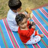 två Lycklig Pojkar i samhälle parkera, Lycklig asiatisk bröder vem är leende lyckligt tillsammans. bröder spela utomhus i sommar, bäst vänner. litet barn bebis pojke spelar med hans Lycklig bror i de trädgård foto