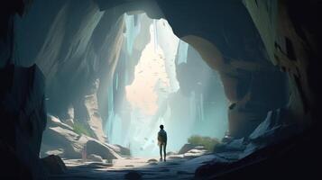 äventyrare vandrare stå i berg grotta, digital konst illustration, generativ ai foto