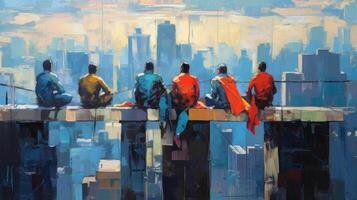 impressionist målning superhjältar i stad. illustration generativ ai foto