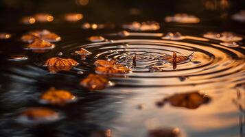 liten droppe dansa, vatten droppar dans på de yta av en damm generativ ai foto