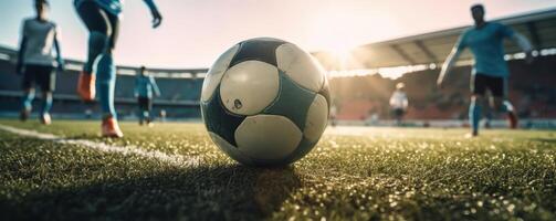 fotboll eller fotboll spelare spelar med de boll i stadion. generativ ai foto