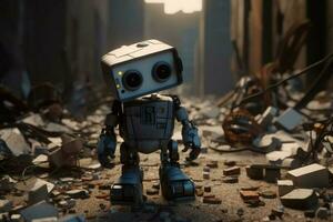 söt robot gående förstörd vägg. generera ai foto