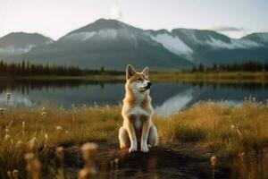 hund sitta nära flod i berg. generera ai foto