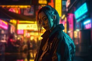 neon cyberpunk kvinna stad. generera ai foto