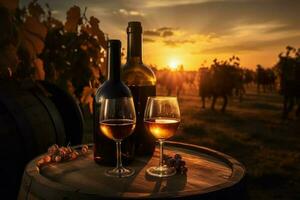 vingård vin flaska i solnedgång. generera ai foto