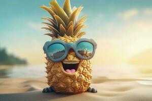 Lycklig ananas karaktär på strand. generera ai foto