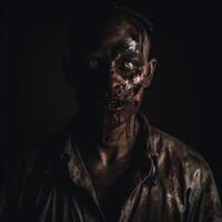 en skrämmande zombie man i en mörk ljus ai genererad foto