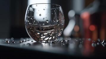 glas av vatten på tabell med stänk generativ ai foto