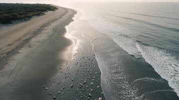 hav surfa vågor på en vild skön strand generativ ai foto