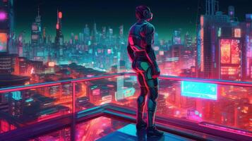 trogen cyborg man på de tak av de hus fantasi stad värld cyberpunk generativ ai foto