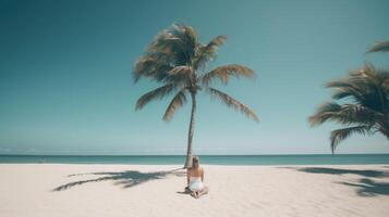 kvinna meditation på strand. illustration ai generativ foto