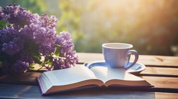 kopp av kaffe med bok och lilly blommor. illustration ai generativ foto