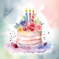 vattenfärg födelsedag kaka. illustration ai generativ foto