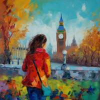 impressionist målning, tillbaka se av flicka utseende till stor ben, London illustration ai generativ foto