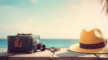 årgång kamera och hatt på sommar bakgrund. illustration ai generativ foto
