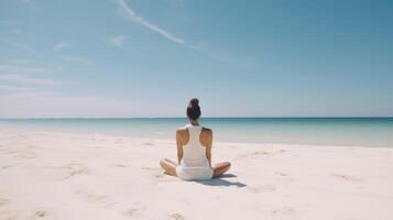 kvinna meditation på strand. illustration ai generativ foto