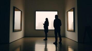 människors silhuetter ser på de tömma ram i konst Galleri illustration ai generativ foto