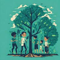 vektor illustration värld miljö dag flickor plantering träd ai genererad foto