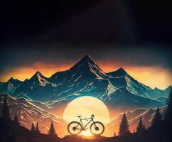 begrepp av värld cykel dag på topp av berg mot bakgrund av morgon- Sol. ai genererad. foto