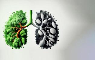 hälsa dag, de begrepp av mänsklig lungor i de form av gräs och träd. ai genererad. rubrik baner attrapp med Plats. foto