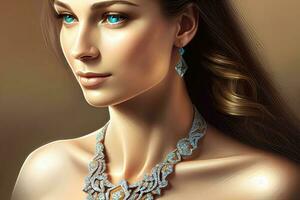 strålnings hud och ädelstenar - en skön lady Utsmyckad i fantastisk smycke foto