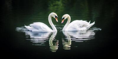 två svanar framställning hjärta form i de vatten ai genererad foto