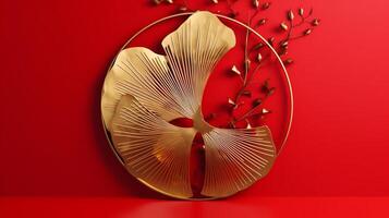 skinande guld mässing metall konst, kinesisk stil gingko blad i cirkel översikt, symbol av kärlek och fred på ljus röd bakgrund. ai genererad foto