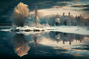 vinter- landskap med skön reflexion i de vatten ai genererad foto