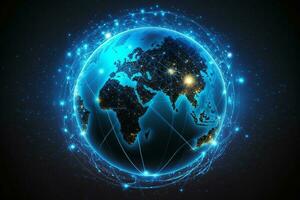 Karta av de planet. värld Karta. global social nätverk. framtida. vektor. blå trogen bakgrund med planet jorden. internet och teknologi. natt se av jord på de soluppgång ai genererad foto