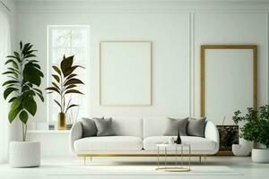 falsk upp interiör för minimal levande rum design på vit bakgrund, Hem dekor ai genererad foto