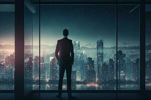 ung företag man stående i kontor tittar på de modern stad natt se ai genererad foto