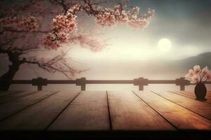 tömma topp trä- tabell och sakura blomma med dimma och morgon- ljus bakgrund ai genererad foto