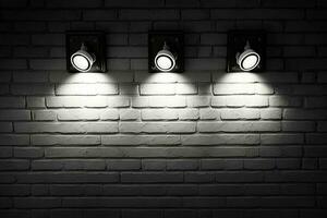 vit tegel vägg med tre spotlights ai genererad foto