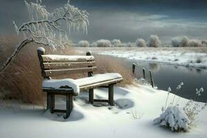 bänk och snöig vinter- landskap ai genererad foto
