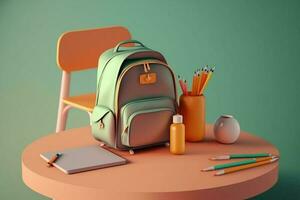 skola skrivbord med skola tillbehör och ryggsäck på en färgad bakgrund ai genererad foto