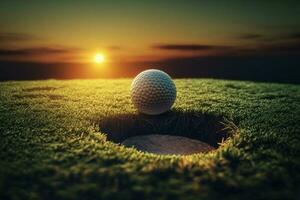 golf boll och golf klubb i skön golf kurs på solnedgång bakgrund ai genererad foto
