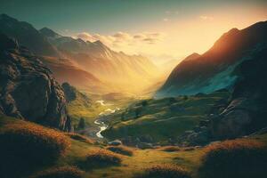 berg dal under soluppgång. naturlig sommar landskap ai genererad foto