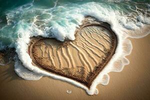hjärta dragen på de strand sand med hav skum och Vinka ai genererad foto