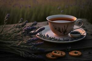 kopp av te med lavendel- blommor på en trä- tabell ai genererad foto
