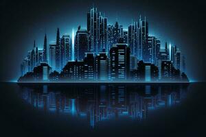 stadsbild på mörk blå bakgrund med ljus lysande neon teknologi stad bakgrund ai genererad foto