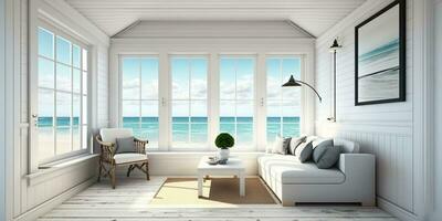 levande rum med trä- golv, vit vägg bakgrund, lyx hav strand hus ai genererad foto