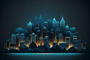 stadsbild på mörk blå bakgrund med ljus lysande neon teknologi stad bakgrund ai genererad foto