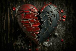 bruten röd hjärta på svart trä- bakgrund ai genererad foto