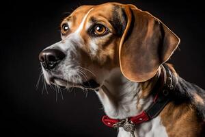 beagle hund i porträtt mot svart bakgrund. neuralt nätverk ai genererad foto