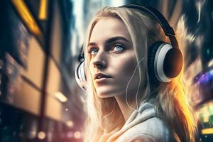 porträtt av ung flicka med blond hår lyssnande musik med hörlurar på stad gata. neuralt nätverk genererad konst foto